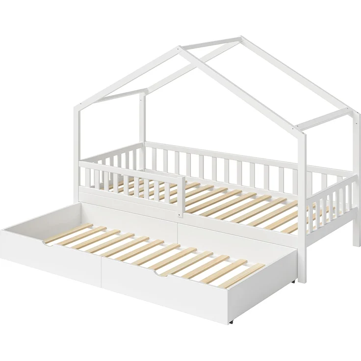 Bellabino 'Vils' Hausbett 90x200 cm mit Gästebett 90x190 cm, weiß, Kiefer Massivholz, Montessori Kinderbett mit Ausziehbett, inkl. Rausfallschutz und Lattenrost – Bild 2