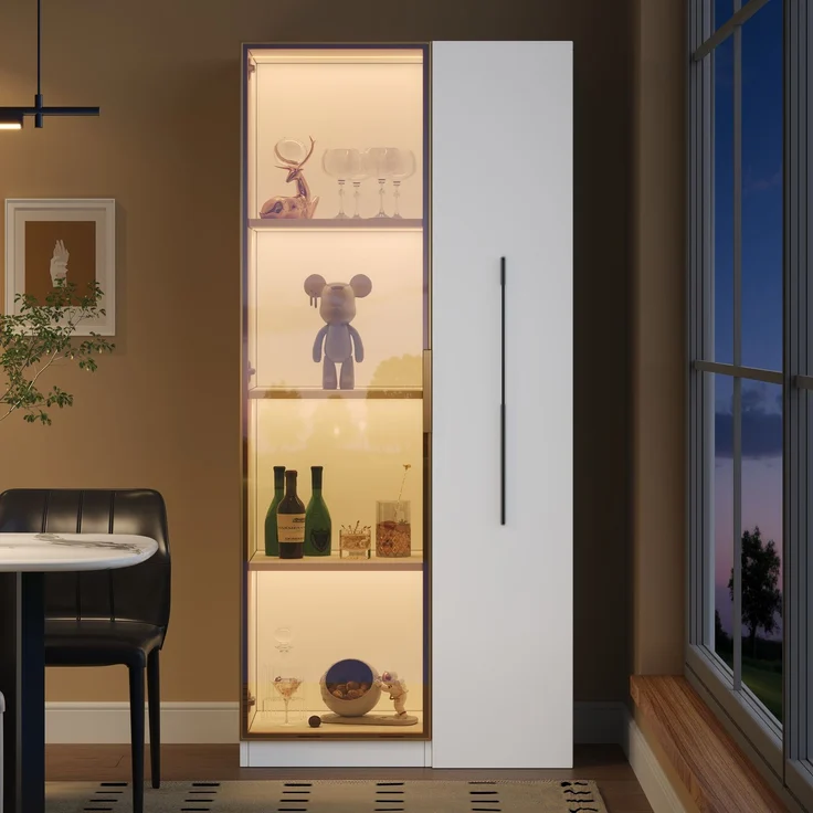 ZUBALIYA LED-Glasvitrine, integrierte LED-Beleuchtung, Türen aus gehärtetem Glas, mit Schubladen, H 160 × B 70 × T 40 cm, Weiß, viel Stauraum, für Wohn- und Essbereich – Bild 2