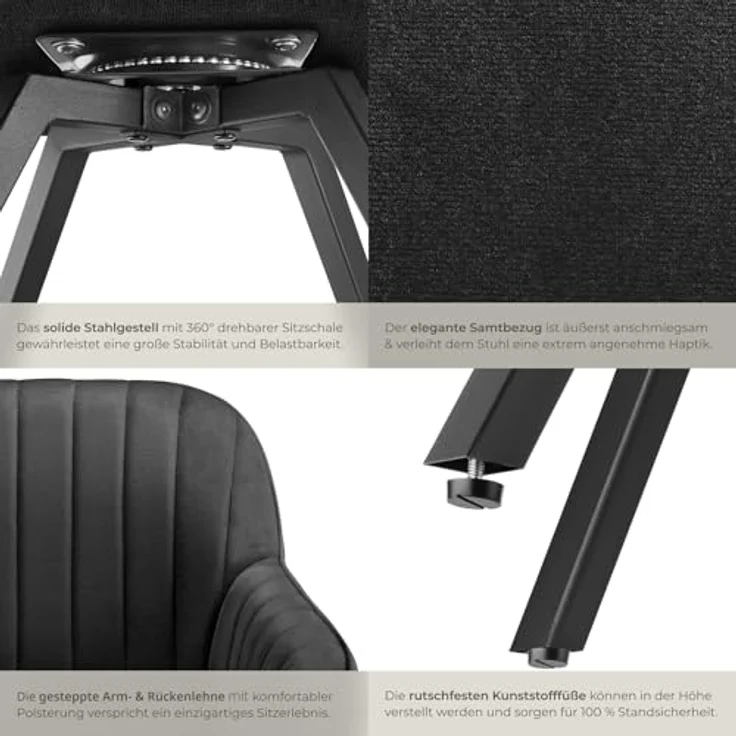 tectake Esszimmerstuhl Drehbarer Armlehnstuhl (6er Set, 6 St), gepolstert, in Samtoptik – Bild 8