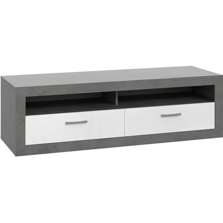 Forte TREBBIA TV-Schrank 150 160, moderner Schrank mit 2 Schubladen, Lowboard, TV-Rack, Holzwerkstoff, Betonoptik Dunkelgrau/Weiß Hochglanz, 152,7 cm breit x 46,7 cm hoch x 51,7 cm tief – Bild 5
