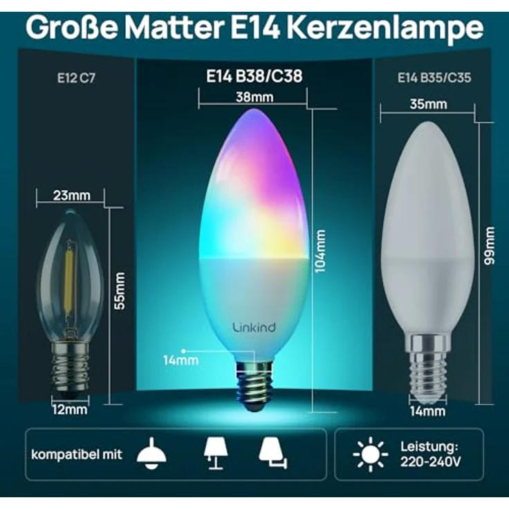 Linkind Matter Smart Alexa Lampe E14 Kerze CRI90+, RGBTW & 16Mio. Farben, 1-100% Dimmbar, Dotis+ AI Technologie, 1800K-6500K, Musik-Sync & Timer, B38/C38, 4.8W, 470LM, 4 Stück – Bild 10