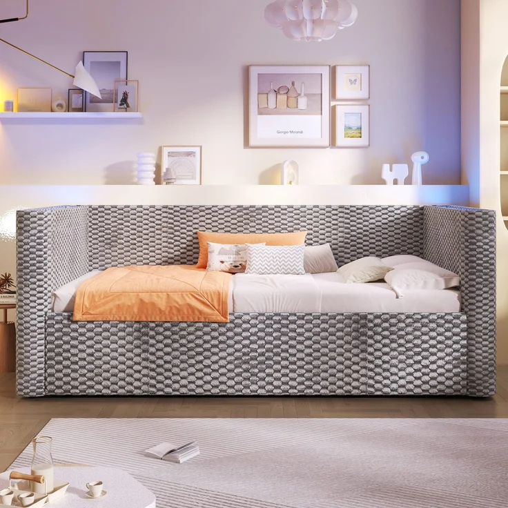 Schlafsofa mit Bettfunktion, Stauraum und LED-Beleuchtung 90x200 cm, Polsterbett, Jugendbett, Einzelbett, Samt – Bild 3