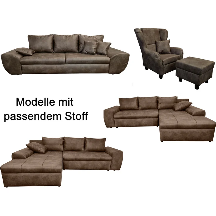 Ohrensessel mit Hocker Landhaus Polster-TV-Lesesessel Lederoptik Vintage Braun – Bild 9
