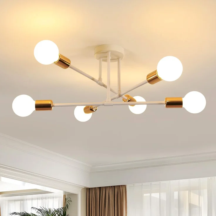 Deckenleuchte Vintage, 6 Flammig E27 60 cm Deckenlampe Sputnik Kronleuchter Modern für Wohnzimmer Esszimmer Küche Flur, Weiß & Gold Max. 60 W (Ohne Glühbirnen) – Bild 1