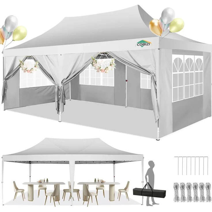 COBIZI Pavillon 3x6 m, Faltpavillon 3x6 Wasserdicht Stabil mit 6 Seitenteilen Partyzelt Pop Up Camping Pavillon Gartenzelt Gartenpavillon für Garten Party Festival Hochzeit UV-Schutz（3 mal 6m Weiß）