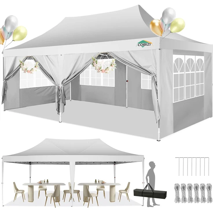 COBIZI Pavillon 3x6 m, Faltpavillon 3x6 Wasserdicht Stabil mit 6 Seitenteilen Partyzelt Pop Up Camping Pavillon Gartenzelt Gartenpavillon für Garten Party Festival Hochzeit UV-Schutz（3 mal 6m Weiß）