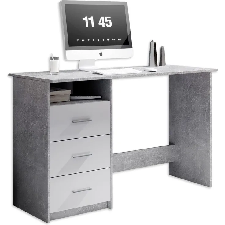 'Adria' Schreibtisch in Beton-Optik, 3 Schubläden, grau/weiß, 123 x 77 x 50 cm