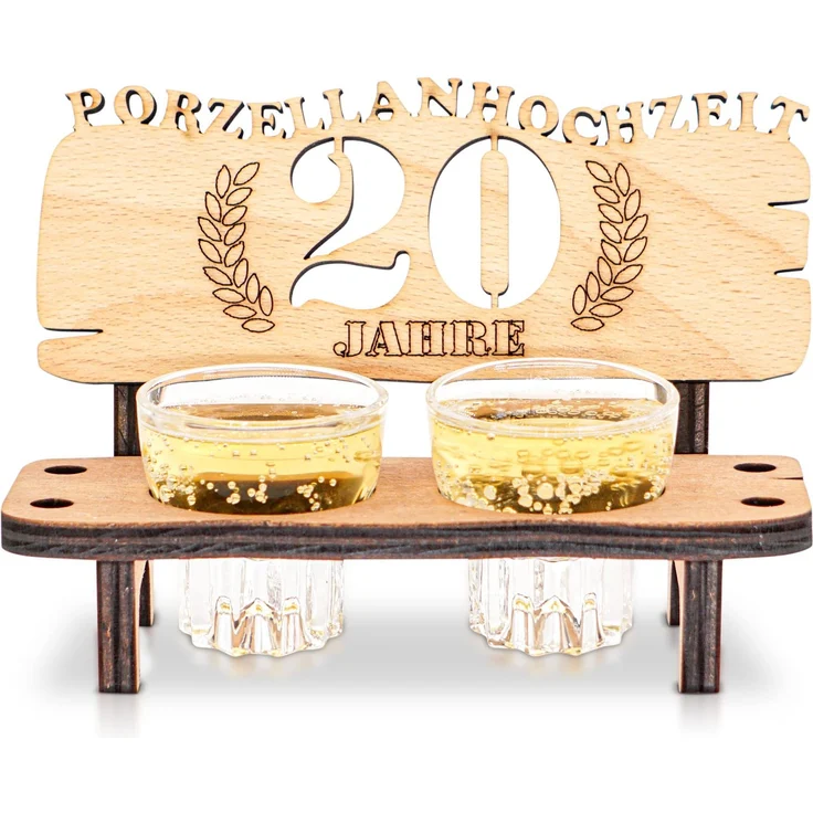 DARO Design - Schnapsbank 20. Hochzeitstag Porzellanhochzeit Geschenk Deko für Paare Männer Frauen aus Holz mit Gläsern