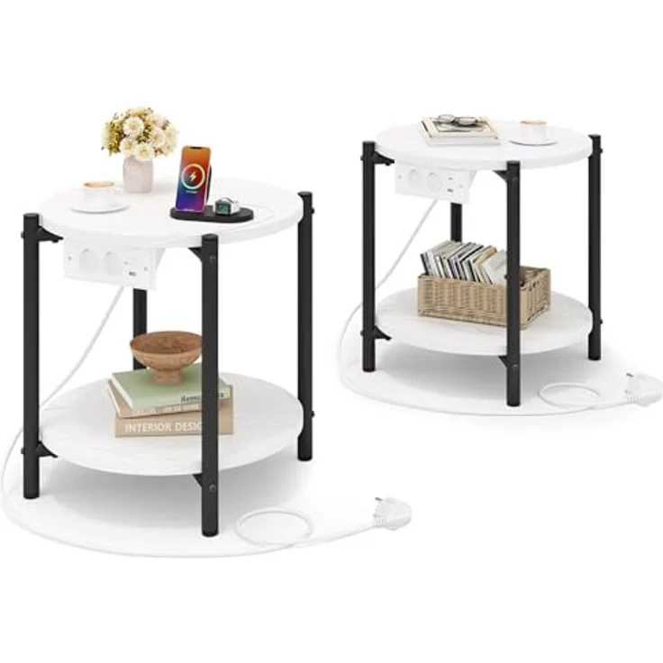 IRONCK Beistelltisch rund, Couchtisch mit Steckdose, Kleiner Tisch Holz, Wohnzimmertisch 2 Ablagen,Sofatisch,USB & Type-C-Anschluss, Metallrahmen, Nachttisch für Schlafzimmer (Weiß, 2 Stücke) – Bild 2