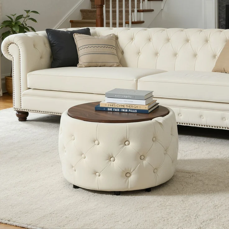 Hocker-Set aus Samt, 2-teilig, mit Stauraum und Holztablett, 60x60x38 cm, Beige – Bild 3