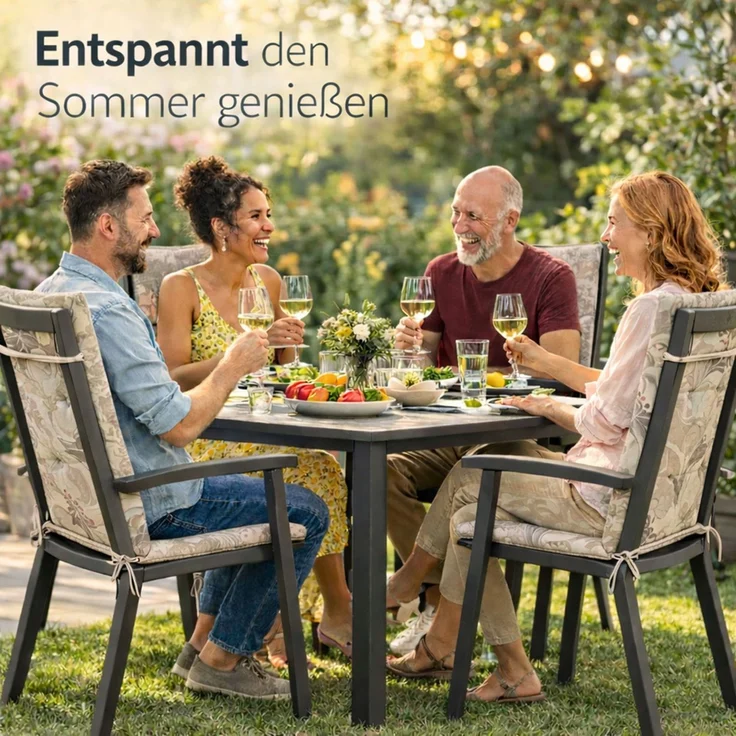 BURI 4x Hochlehner Auflage 117x49x6 cm - wetterfeste Gartenstuhlauflage mit Schaumkern & Vollvlies, Halteband & Bindebänder, bequemes Stuhlpolster für Balkon, Terrasse & Garten (Beige-Blätter) – Bild 8