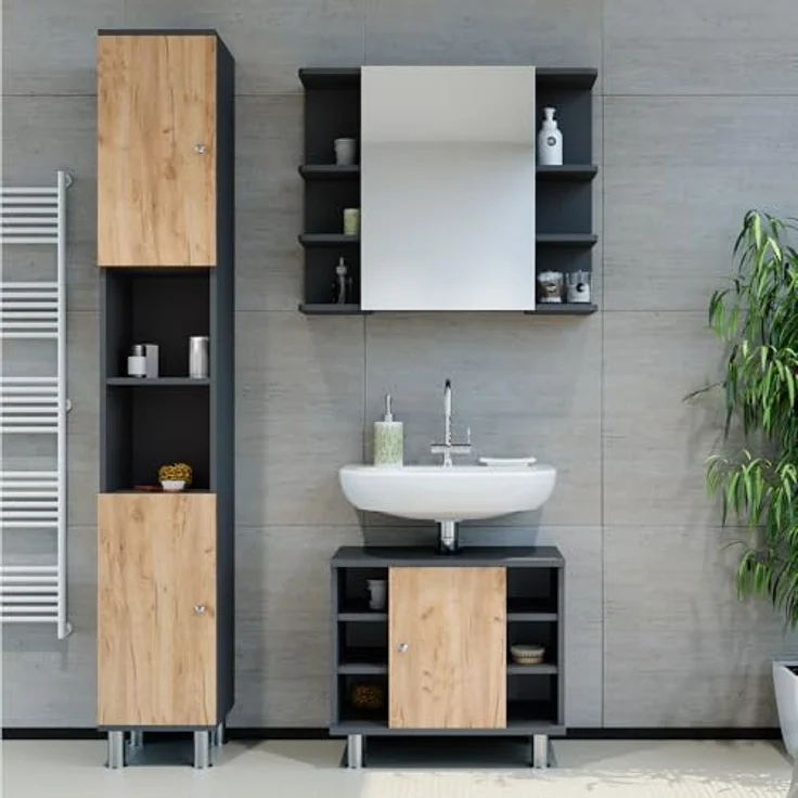 Vichy Badmöbel-Set Fynn, 3-teiliges Badezimmermöbelset in Anthrazit/Goldkraft Eiche mit Hochschrank und viel Stauraum – Bild 4