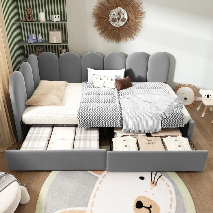 EINHOM Polsterbett Einzelbett mit Schubladen Stauraumbett Samt Daybett Tagesbett Schlafsofa 90 x 200 cm mit Lattenrost Jugendbett und Erwachsene Kinderbett, Grau (Ohne Matratze) – Bild 6