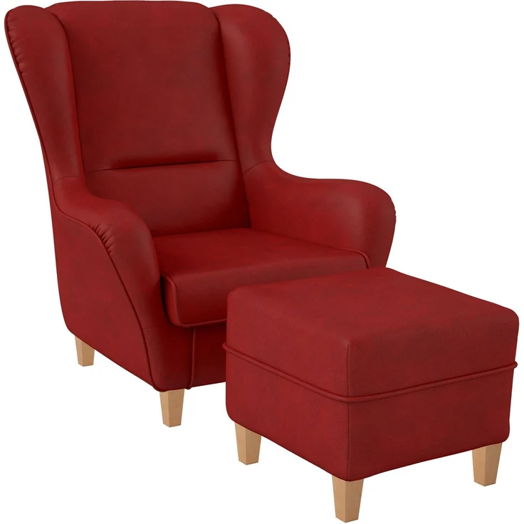 Supellex Sofia Ohrensessel mit Hocker | Design Kunstleder Milano Rot – Bild 1