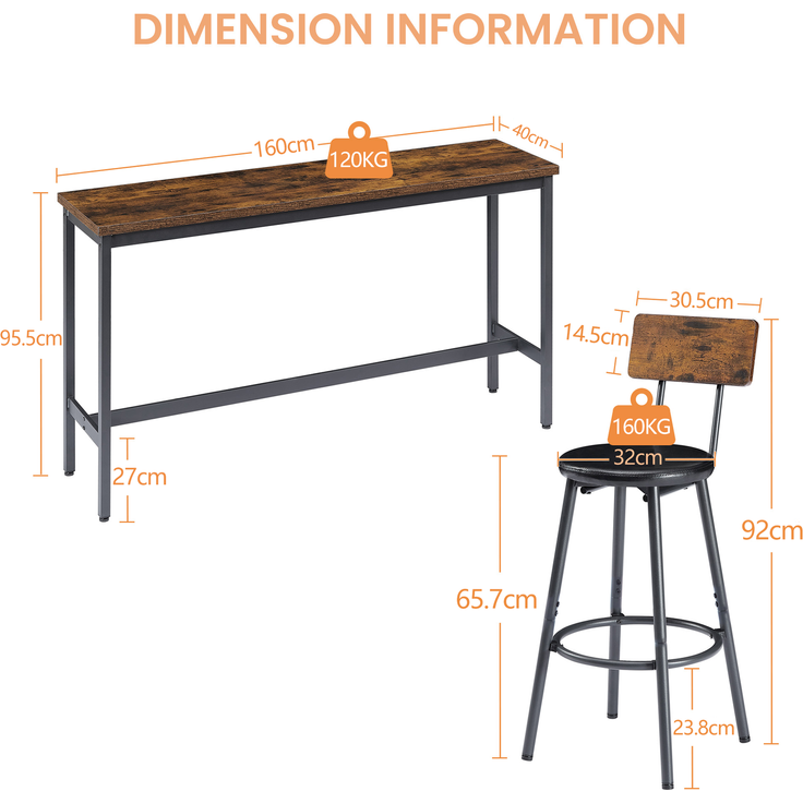 Bartisch-Set mit 3 PU-Hockern, 160x40x95,5 cm, Rustikales Braun/Schwarz – Bild 4