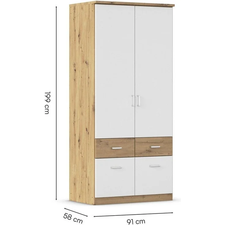 rauch Drehtürenschrank BREMEN, Alpinweiß, Artisan Eiche Dekor, 2 Türen, 4 Schubladen – Bild 2