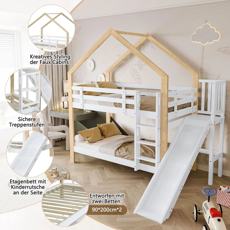 Haus-Etagenbett Kinder 90x200 Rutsche Leiter Kiefer Holz Spielbett,Weiß & Natur – Bild 6