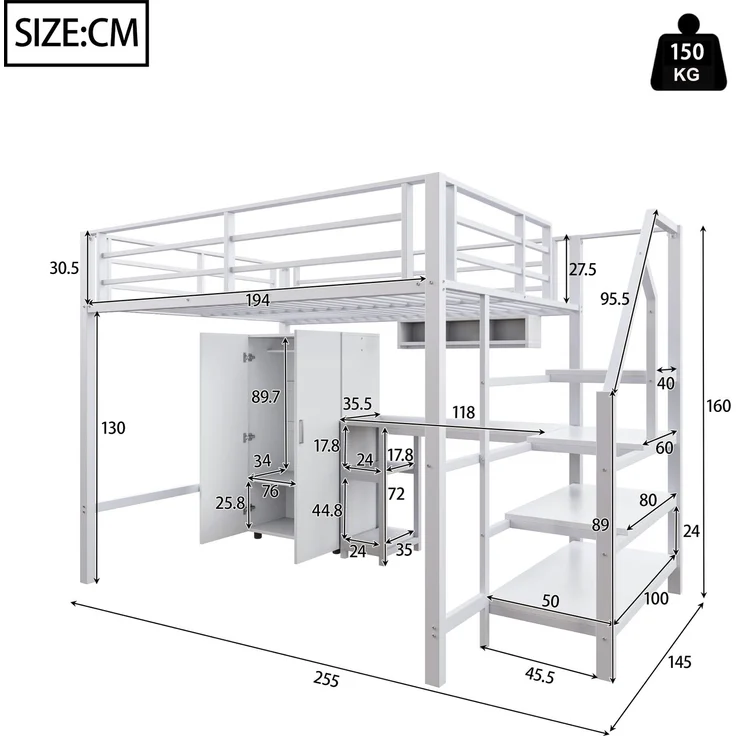 Hochbett 140 × 200 cm, integrierter Schreibtisch, Kleiderschrank, offene Regale und Ablageleiter, platzsparendes Design, Weiß – Bild 6