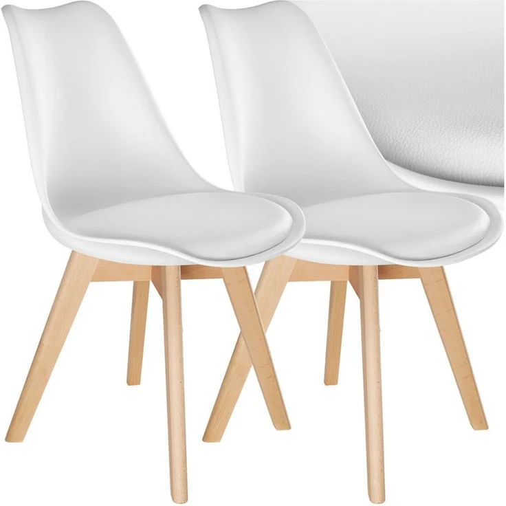tectake Esszimmerstuhl Küchenstuhl Scandi-Design, gepolsterte Sitzfläche, 49 x 53 x 82 cm (Polsterstuhl Frederikke in weiß, 2 St), ergonomische Form, massive Holzbeine, bodenschonende Filzgleiter – Bild 1