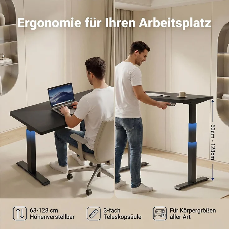 Devoko Höhenverstellbarer Schreibtisch 160x80 cm elektrisch, Höhenverstellung 63-128 cm mit Smart Control, 125 kg Tragkraft, für gesundes Arbeiten – Bild 2