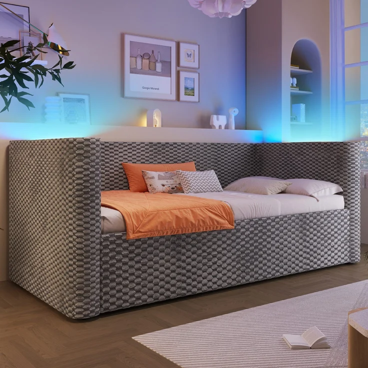 Schlafsofa mit Bettfunktion, Stauraum und LED-Beleuchtung 90x200 cm, Polsterbett, Jugendbett, Einzelbett, Samt – Bild 4