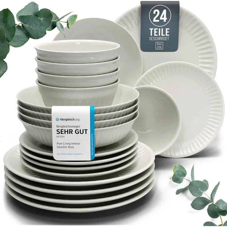Steingut Geschirrset 6 Personen Hygge 24 tlg. TESTSIEGER, Traumhaftes Skandinavisches Steingut Geschirr Set, Schüssel- und Teller Set, Tafelservice 6 Personen, Geschirrsets Pure Living in Beige – Bild 1
