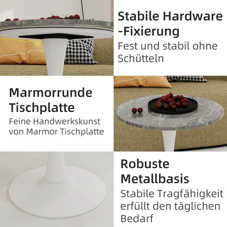 Novelux Runder Esstisch 70 cm Weißer Couchtisch Mid-Century Tisch für 2-4 Personen – Marmor Optik Tischplatte dunkelgraue Adern, Kompakter Bistrotisch – Bild 3