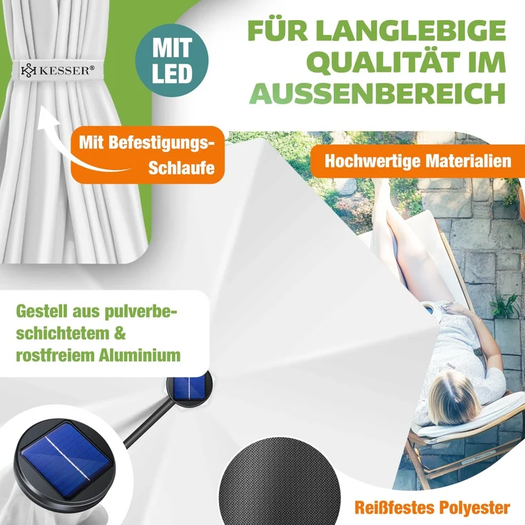 KESSER® Alu Ampelschirm LED Solar + Abdeckung mit Kurbelvorrichtung UV-Schutz Aluminium mit An-/Ausschalter Wasserabweisend - Sonnenschirm Schirm Gartenschirm 300cm, Weiß – Bild 3