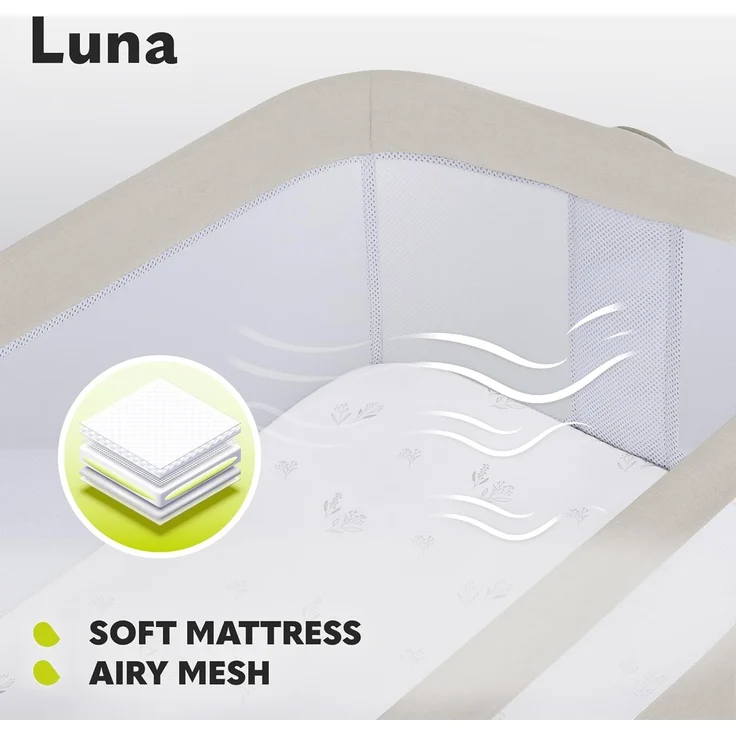 lionelo Luna 2-in-1 Nachttisch für Babys von Geburt bis 9 kg, mit Verstellbarer Höhe und Neigung, 4 feststellbare Räder, tragbar, atmungsaktiv, Netzgewebe, waschbare Matratze und Bezugskorb – Bild 4