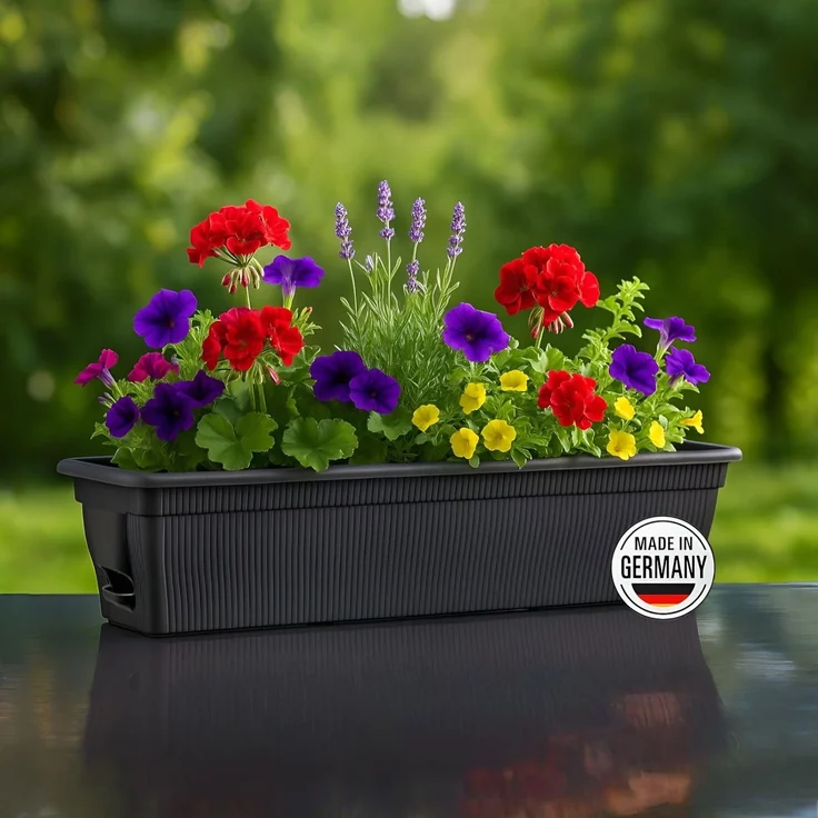 2x Balkonkasten 100cm Blumenkasten mit Wasserspeicher Anthrazit / Grau, 25 L - Blumenkästen wetterfest Pflanzkasten mit Einsatz Lange Balkonkästen für Garten und Balkon witterungsbeständig – Bild 3