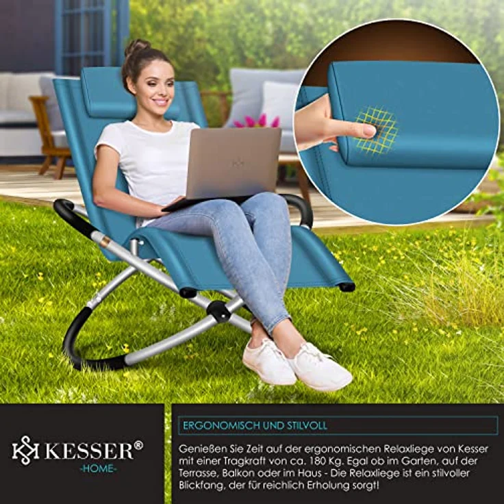 KESSER® Relaxliege Liegestuhl | Gartenliege Sonnenliege | Gartenstuhl | Klappstuhl faltbar | Schwungliege | Schaukelsessel | ergonomische Relaxsessel | wetterfest | 180 kg Belastung Petrol Blau – Bild 5