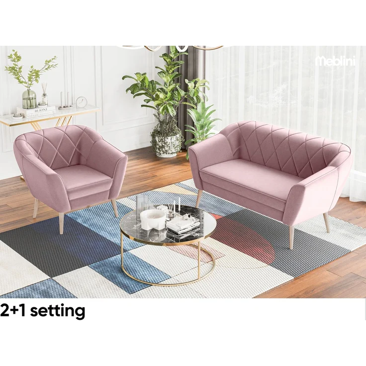 MEBLINI Sofa-Set GISELA 2+1 - Rosa Samt - für Wohnzimmer - Mini Lounge für drei Personen - Küchensofa - Sofa Klein - Sitzgarnitur - Polstergarnitur - Sofagarnituren – Bild 2