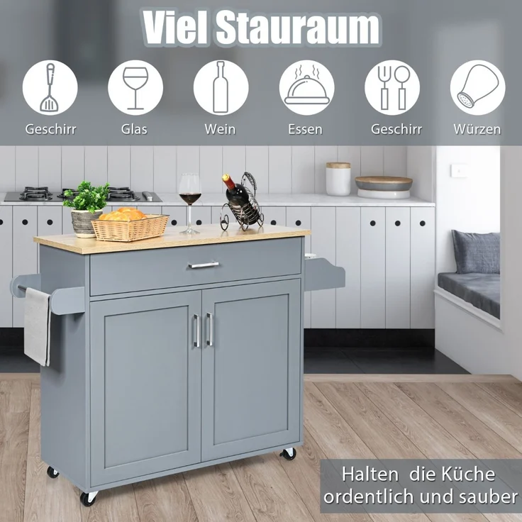 Kücheninsel-Wagen rollender Aufbewahrungswagen großer Schrank 116 x 40 x 85 cm Grau + Natur – Bild 4