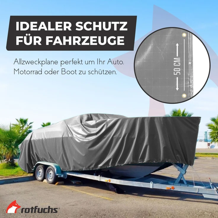 ROTFUCHS Premium Abdeckplane mit Ösen, 700 g/m² PVC RipStop-Gewebe Reißfest & Wasserdicht | Universell für Pool, LKW, Holz Gartenmöbel | Abdeckung, Schutzplane, Gewebeplane, Grau, 300x200 cm – Bild 5