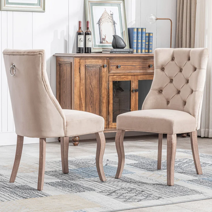 Esszimmerstuhl (2er Set) beige Samt, hohe Rückenlehne, Massivholzgestell – Bild 1