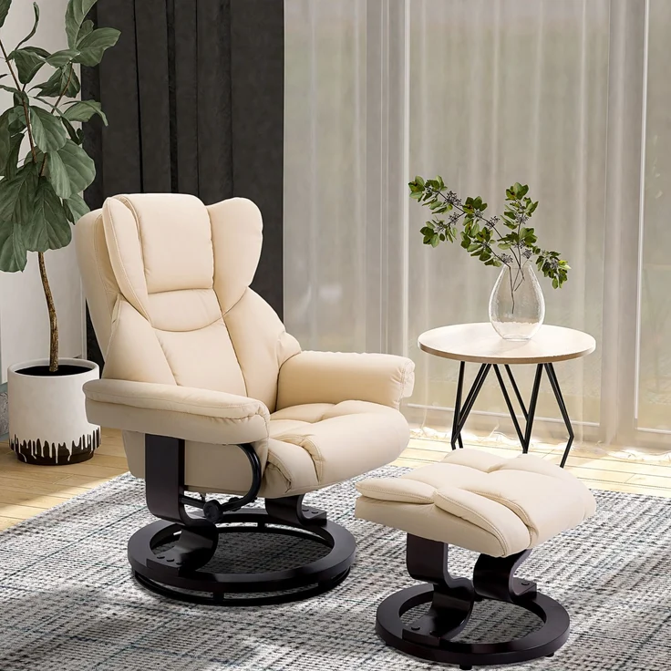 MELAYR, Relaxsessel mit Hocker, Liegefunktion, drehbar, bis 160 kg, Kunstleder, 80 x 79 x 100 cm, Cremeweiß – Bild 3
