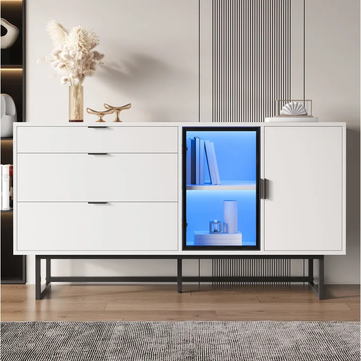 DESVIAE Sideboard mit LED-Beleuchtung und 3 Schubladen 160x78x36 cm MDF Spanplatte Weiß