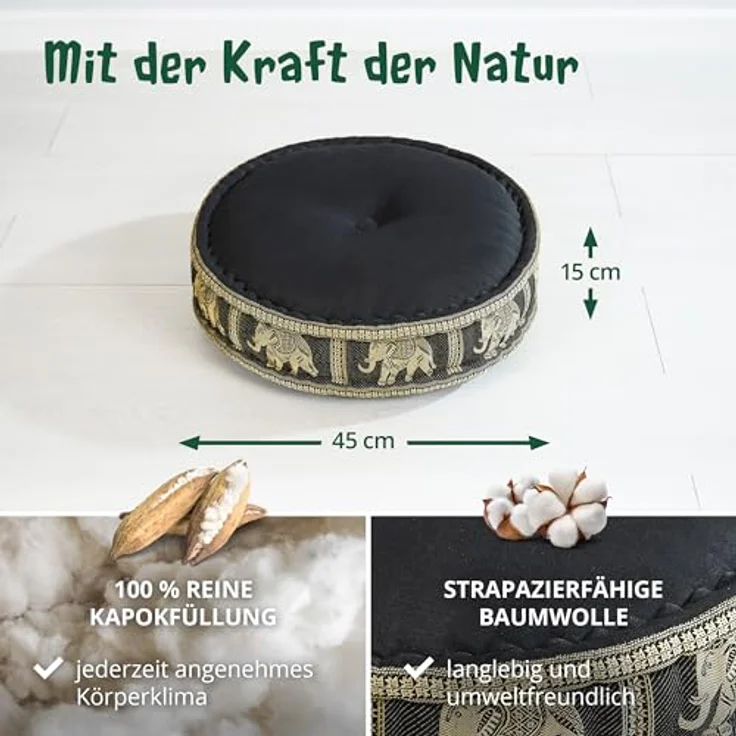 livasia Meditationskissen Zafukissen groß (Deluxe) vegan und handgefertigt, 44x15cm, Kapok – Bild 5