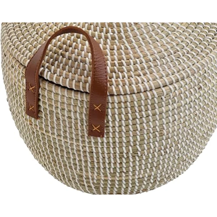 Krines Home Aufbewahrungskorb Set/2 Handgearbeiteter Seegras Dekokorb mit Deckel zur Aufbewahrung (2 St, 2er-Set), Flechtkorb Korb Natur mit weißen Wicklungen Rund Hell Natur – Bild 9