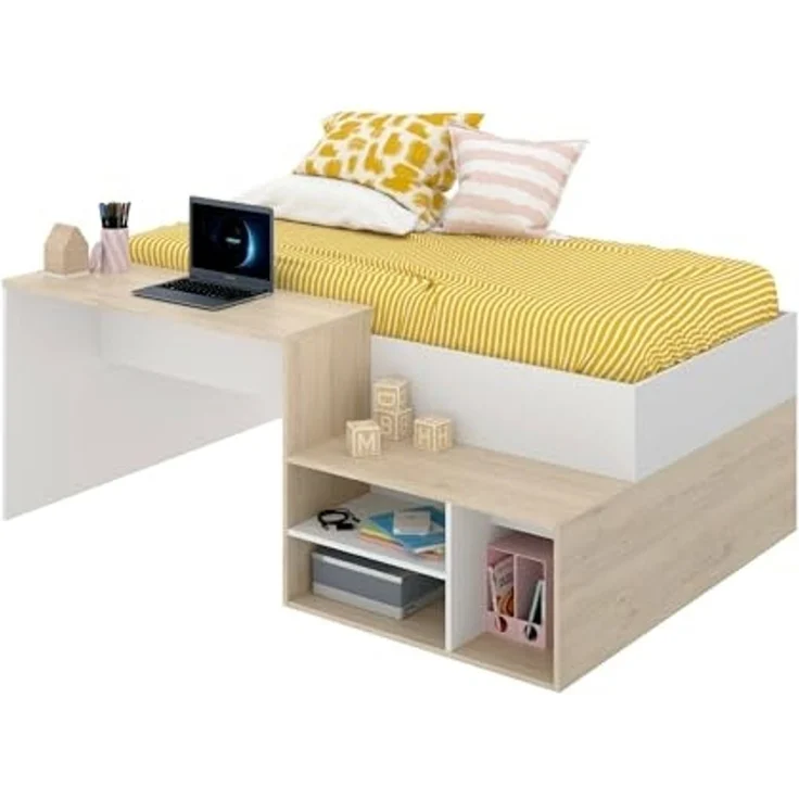 Dmora - Schlafzimmer Cervino, Einzelbett für Schlafzimmer, Set mit Schreibtisch und Regalen, 195 x 134 x 73 cm, Weiß und Eiche – Bild 3