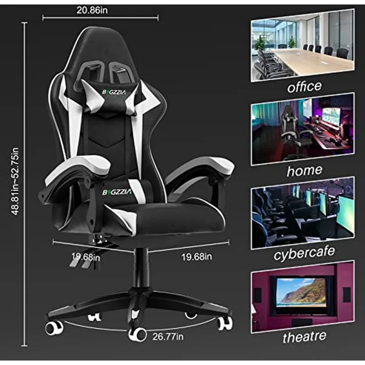 bigzzia Gaming Stuhl Ergonomisch Gaming Chair mit Lendenkissen und Kopfstütze, Gamer Stuhl Höhenverstellbar, Pc Stuhl für Erwachsene Mädchen Junge, Schwarz – Bild 4