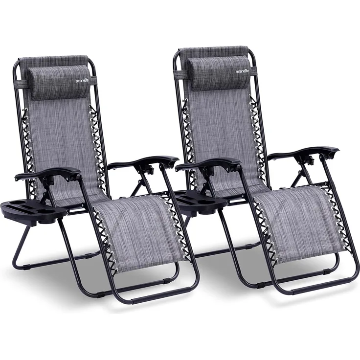 SereneLife Liegestuhl Klappbar, Relaxliege 2er Set Grau als Gartenmöbel zum Relaxen & Liegen, Sonnenstuhl für Balkon, Garten, Terrasse & Camping mit Seitentisch, Kopfkissen & Getränkehalter