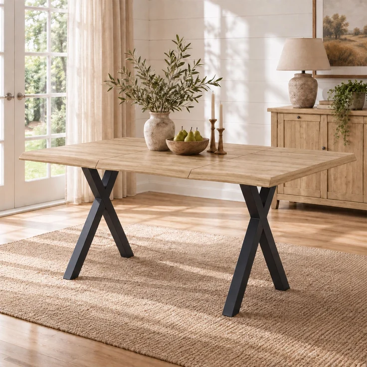 Merax Esstisch 160*78*75cm, geeignet für 4-6 Personen, Wellenförmiges Tischplattendesign, verdickte Tischplatte, X-förmige Eisenbeine, Holzfarbe – Bild 3