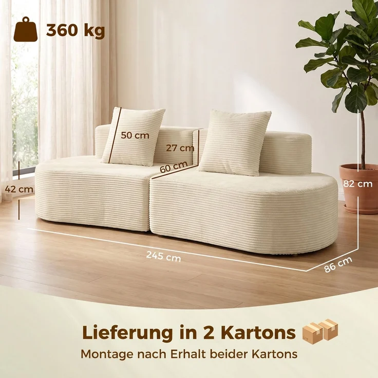 HOMCOM 3-Sitzer-Sofa, Polyester, Schaumstoff, Beige, 245 x 86 x 82 cm – Bild 3
