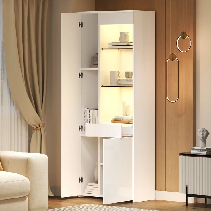 Vitrine 70x35x180 cm in Weiß, Hochglanzfront, LED-App-Steuerung & Schublade – Bild 3