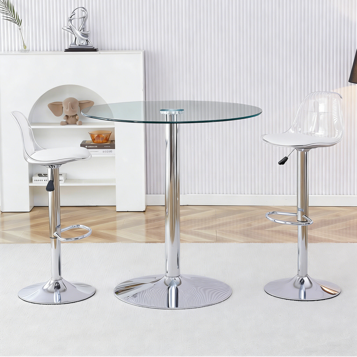 Bartisch-Set mit Glasplatte, 2 höhenverstellbaren Drehhockern, Ø 89x92 cm, Silber/Transparent