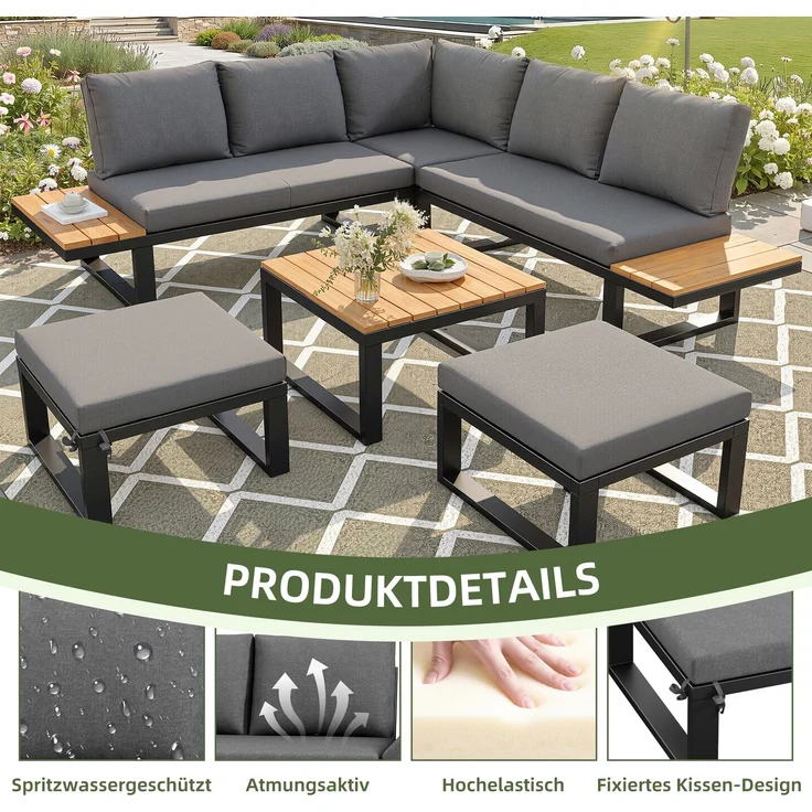 Merax Gartenlounge-Set, 7-Sitzer Gartenmöbelset mit 5 verstellbaren Rückenlehnenpositionen, Grau – Bild 7