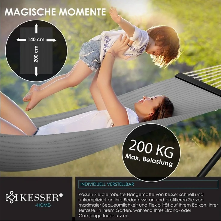 KESSER® Hängematte HILL mit Gestell Kissen Doppelhängematte für 2 Personen-Stabiler Rahmen -200kg Belastbarkeit Indoor & Outdoor XXL Hängesessel Doppel Mehrpersonen Garten Pool Balkon Terrasse Grau – Bild 2