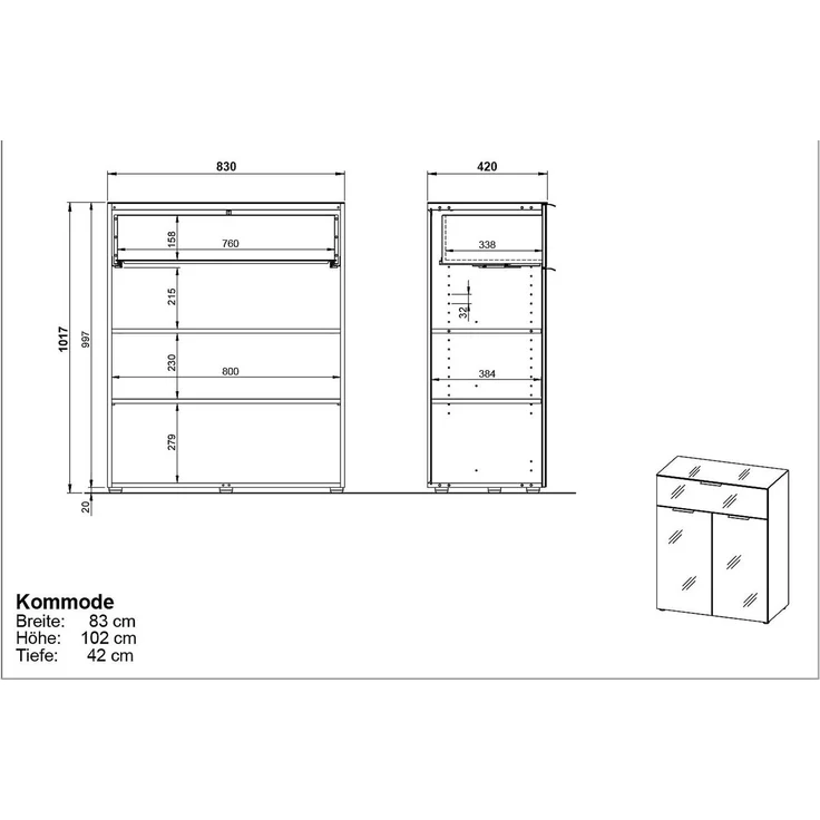Kommode Owingen / Oakland, Glas, Holzwerkstoff, Grau, 83 x 102 x 42 cm – Bild 5