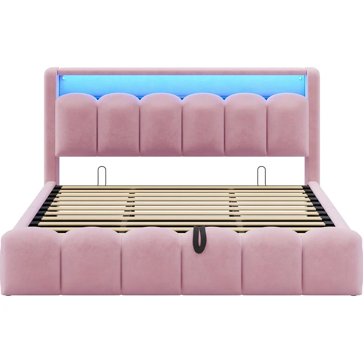 Polsterbett 180×200 cm mit hydraulischem Bettkasten, LED & USB/Typ-C, Rosa, ohne Matratze – Bild 9